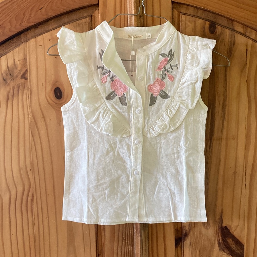 Girls' White Floral Ruffle Top